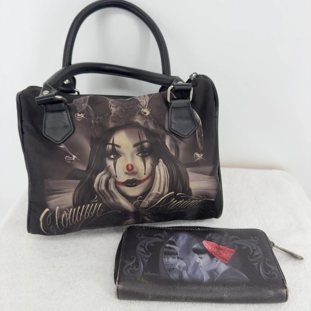 David Gonzales OG Angels Chicano Art Clown Girl Handbag and Wallet Set Black